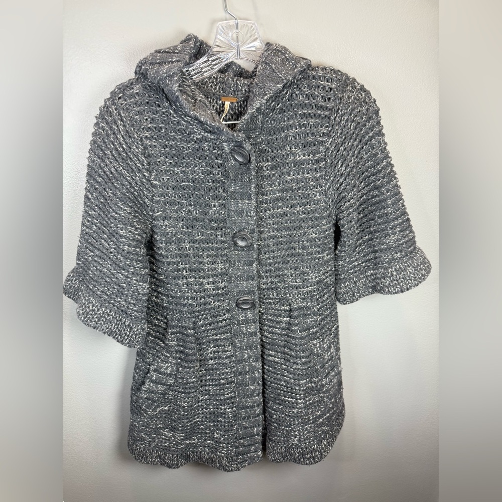 Free People Women's Chunky Knit Gray Button Up Cardigan Hooded Size Medium